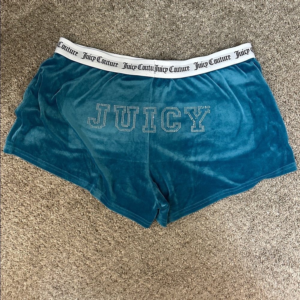 Juicy Couture Blue Velour Rhinestone Back Logo Elastic Waist Loungewear Shorts